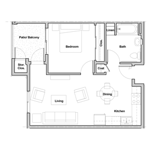 One-bedroom floor plan for Cypress Court