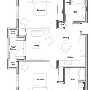 Two-bedroom floor plan for Cypress Court